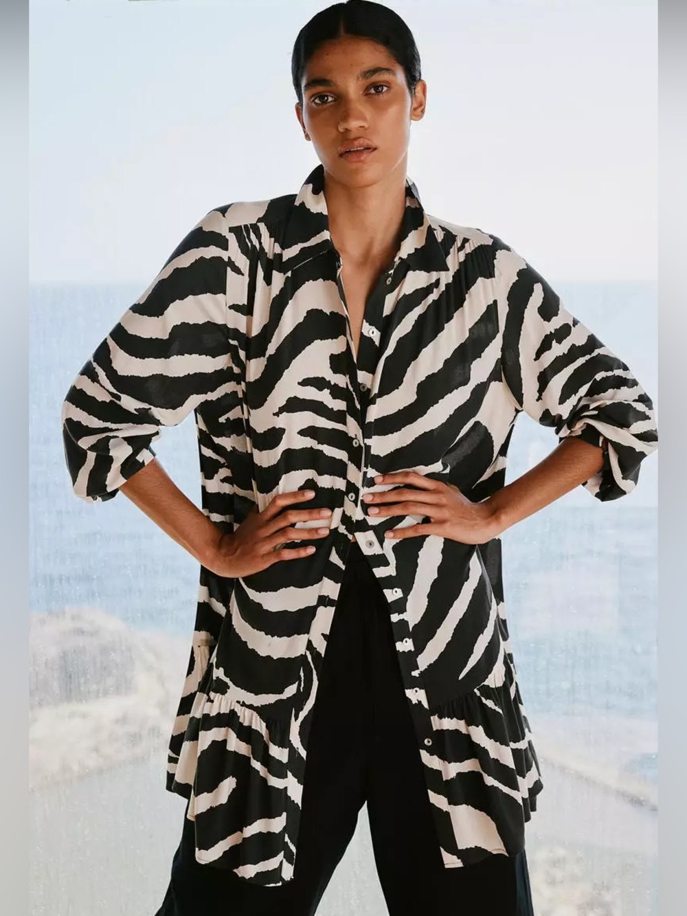 Black & White Zebra Print Button-Up Shirt Dress